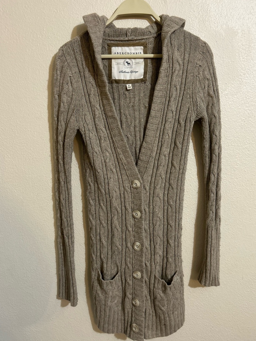 Abercrombie & Fitch Taupe Cable-Knit Hooded Cardigan Sweater Y2K Long Duster M